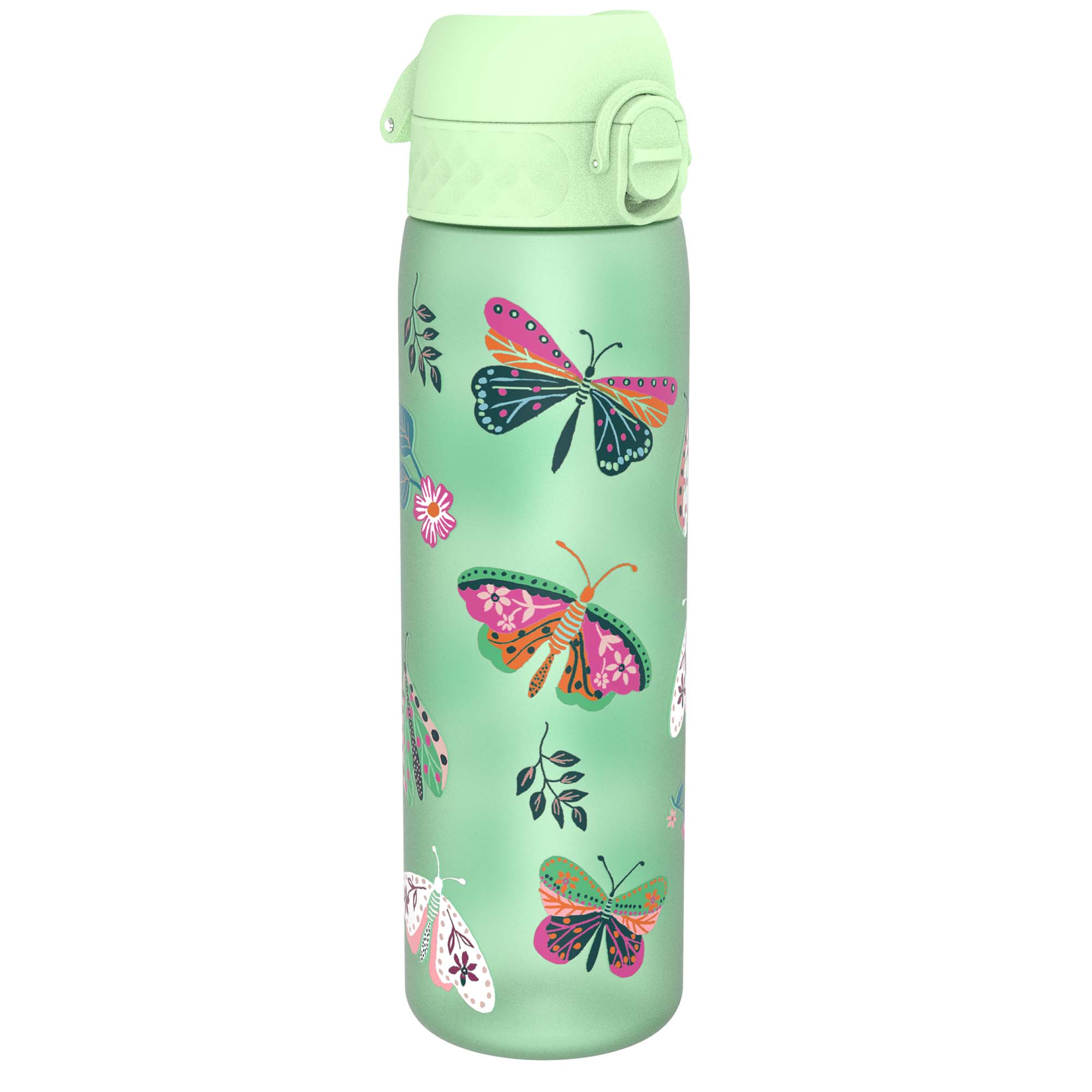 Recyclon Leak Proof Slim Water Bottle by ION8, 500ml with wild butterfly design, showing the sleek, portable water bottle.