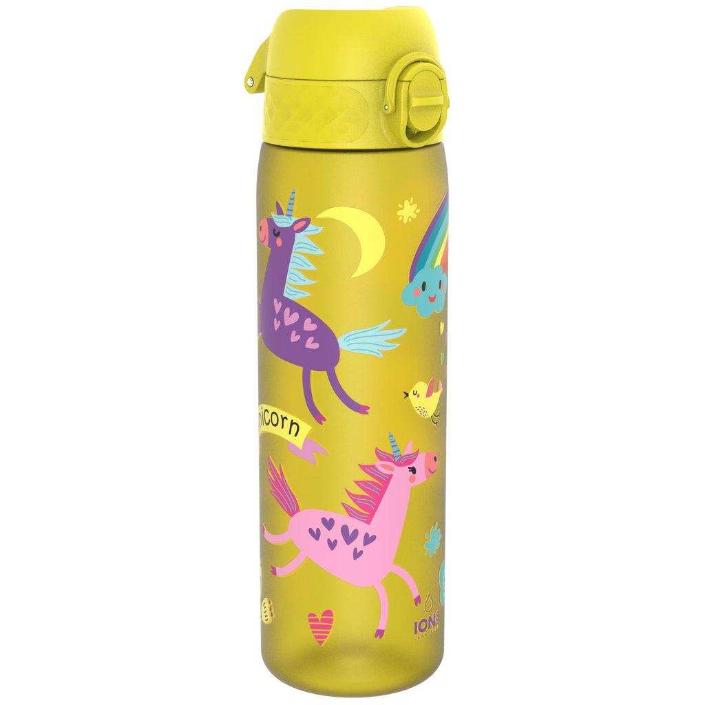 Yellow unicorns leak-proof Recyclon water bottle by ION8, 500ml slim design with a secure cap and vibrant unicorn pattern.