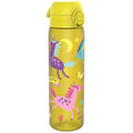 Yellow unicorns leak-proof Recyclon water bottle by ION8, 500ml slim design with a secure cap and vibrant unicorn pattern.