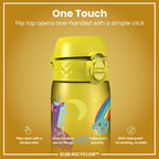 Yellow unicorns design on ION8 Recyclon leak-proof slim water bottle, 500ml (18oz), made from recyclable materials.