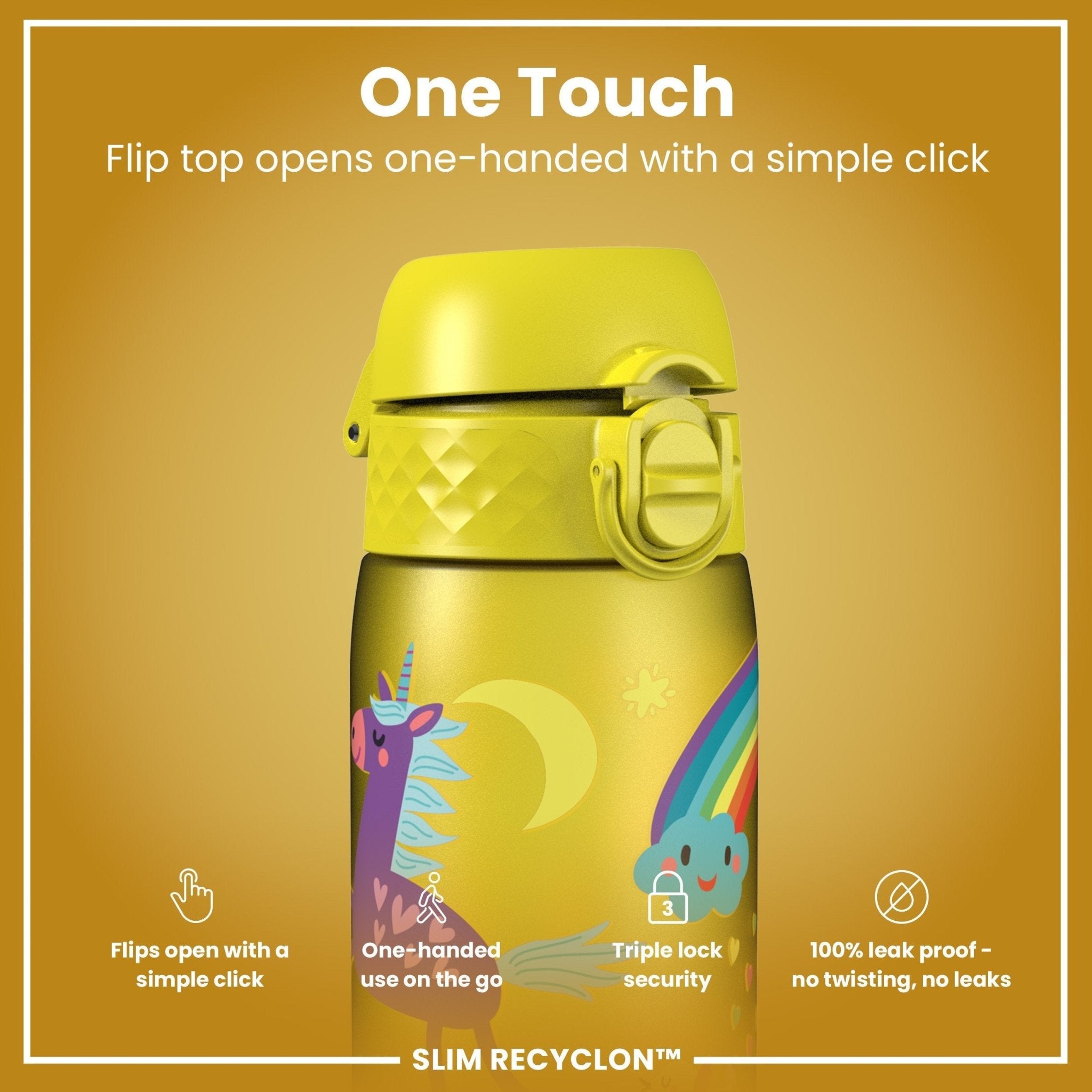 Yellow unicorns design on ION8 Recyclon leak-proof slim water bottle, 500ml (18oz), made from recyclable materials.