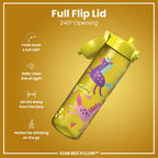 Recyclon ION8 leak-proof slim water bottle with yellow unicorns design, 500ml (18oz), showcasing the bottle's colorful pattern.
