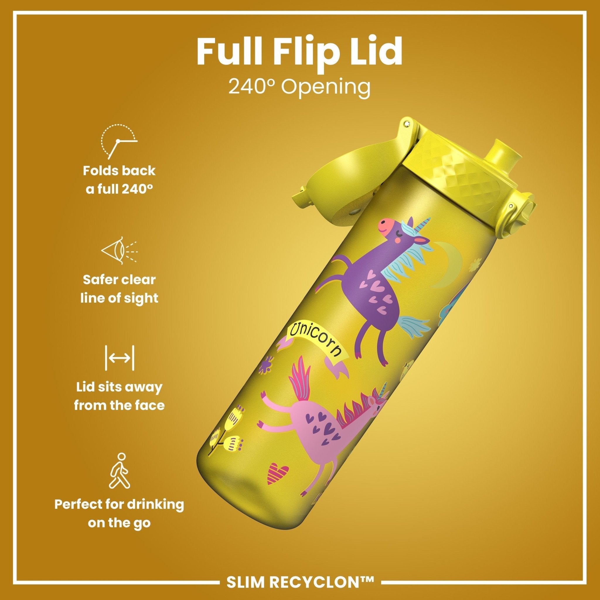 Recyclon ION8 leak-proof slim water bottle with yellow unicorns design, 500ml (18oz), showcasing the bottle's colorful pattern.