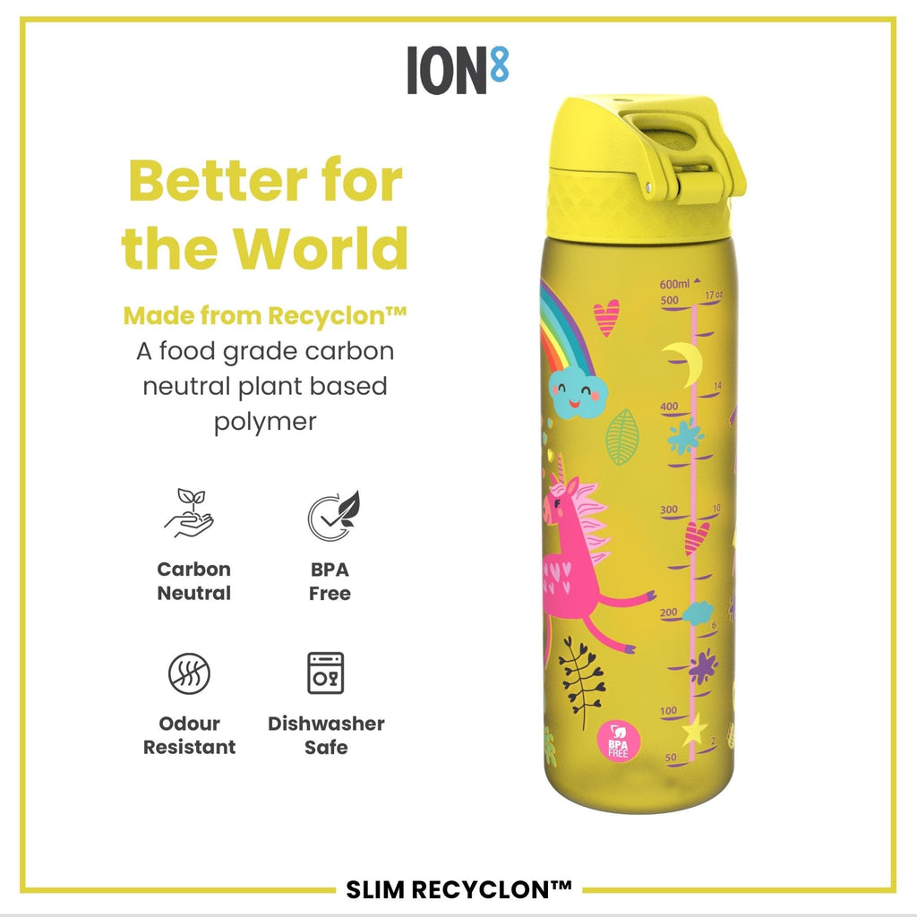Yellow unicorns Leak Proof Slim Water Bottle by ION8, 500ml Recyclon water bottle with a vibrant unicorn design.