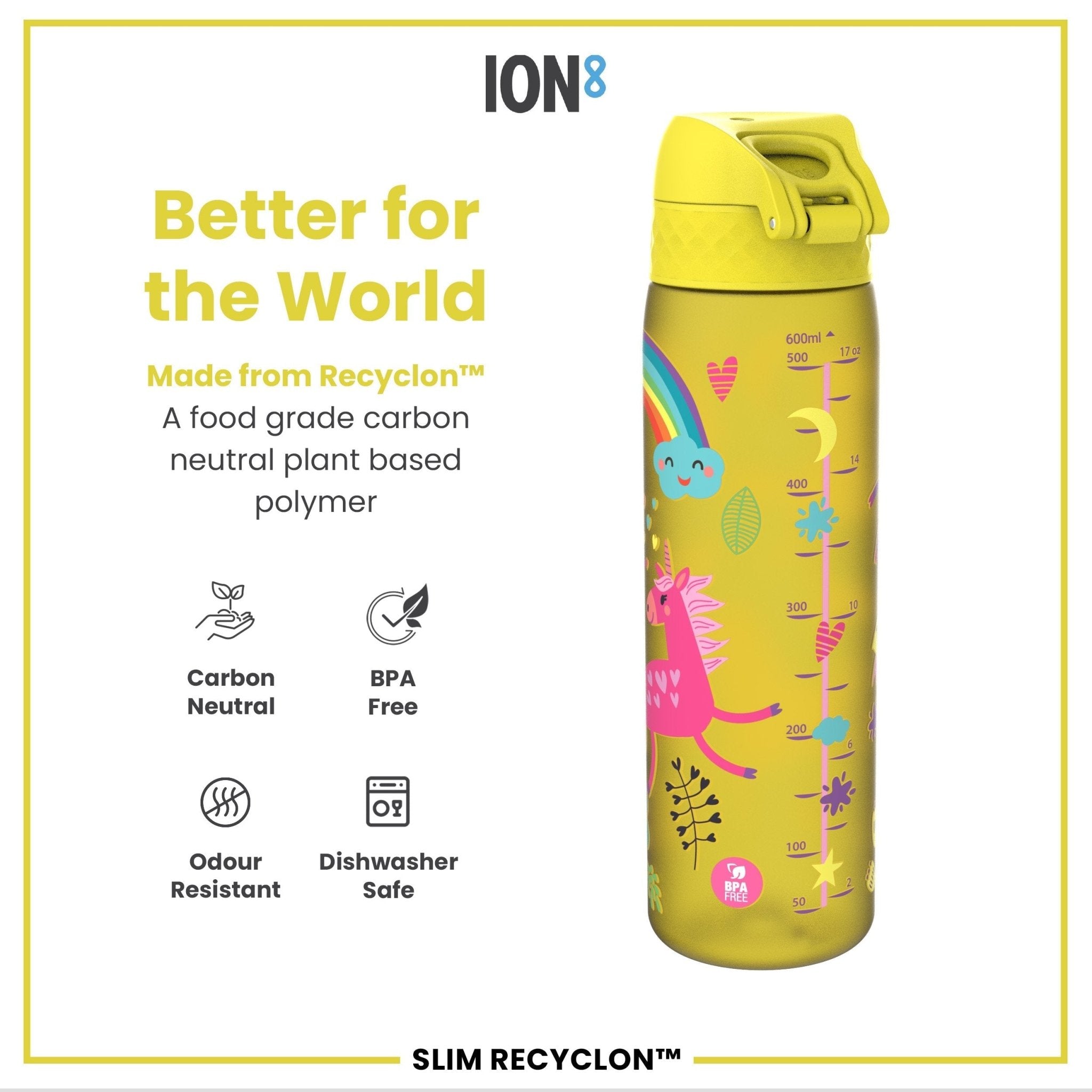 Yellow unicorns Leak Proof Slim Water Bottle by ION8, 500ml Recyclon water bottle with a vibrant unicorn design.