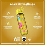 Ion8 leak-proof slim water bottle with yellow unicorns, 500ml capacity, made of recyclable materials, designed for easy hydration.