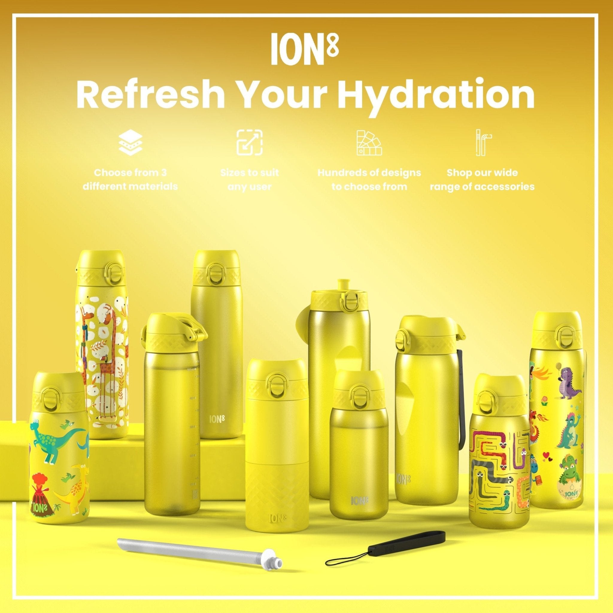 Yellow unicorns leak-proof slim water bottle by ION8, 500ml Recyclon water bottle with vibrant unicorn design and secure lid.