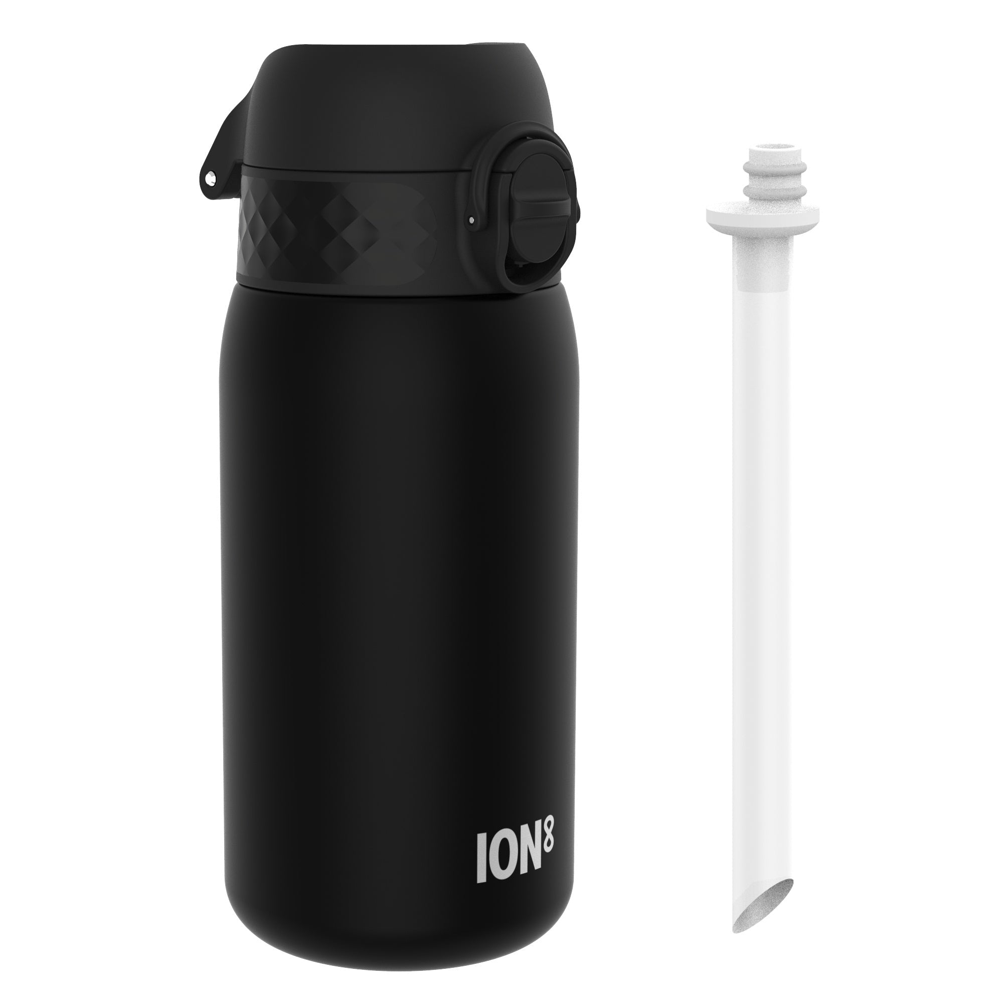 Ion8 leak-proof small water bottle with straw in black, 350ml (12oz), made of recyclable materials.