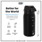 ION8 Recyclon Black 350ml water bottle with straw, leak-proof design, made of recyclable materials, compact and portable.