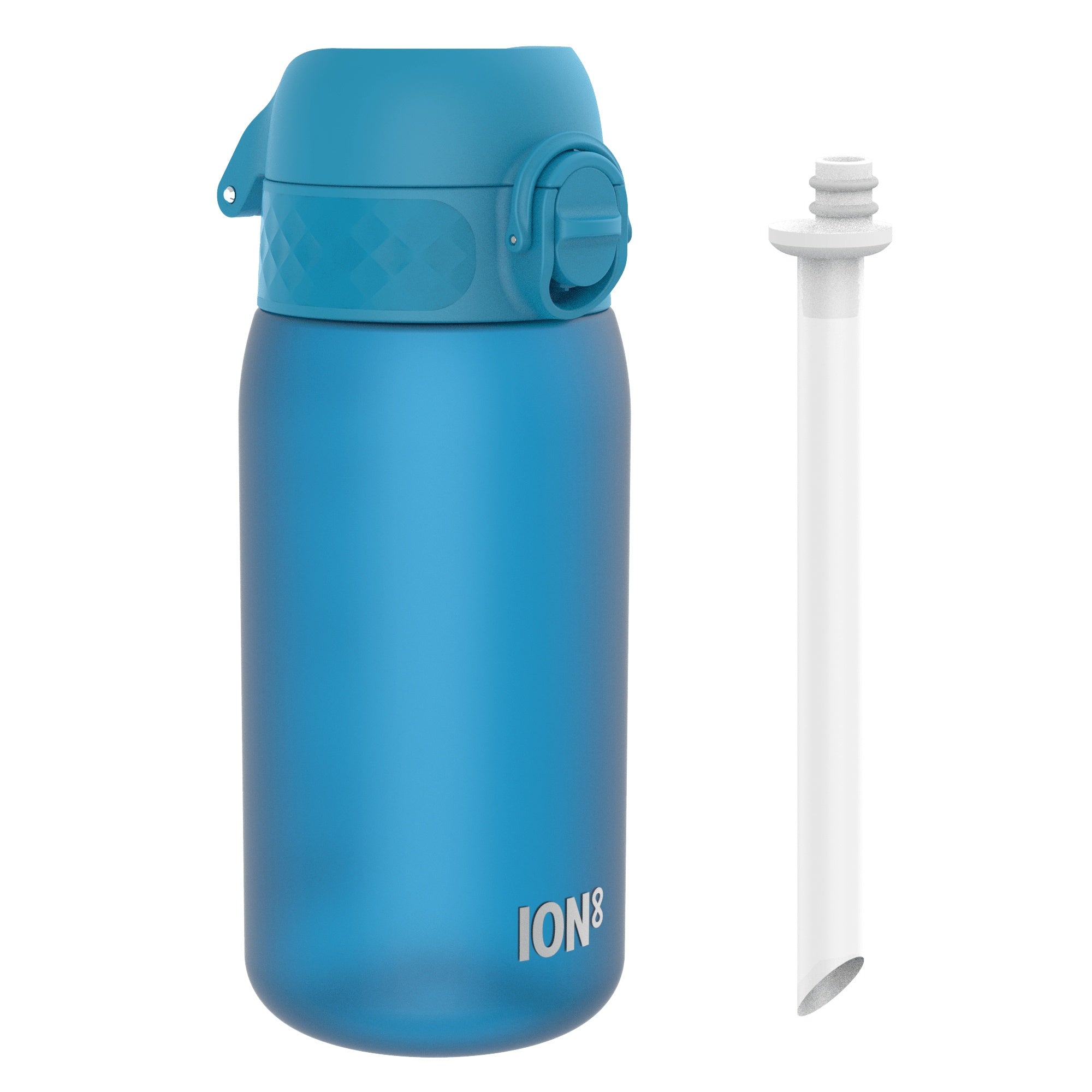 Blue ION8 leak-proof small water bottle with straw, 350ml Recyclon water bottle, showing the compact design and straw spout.