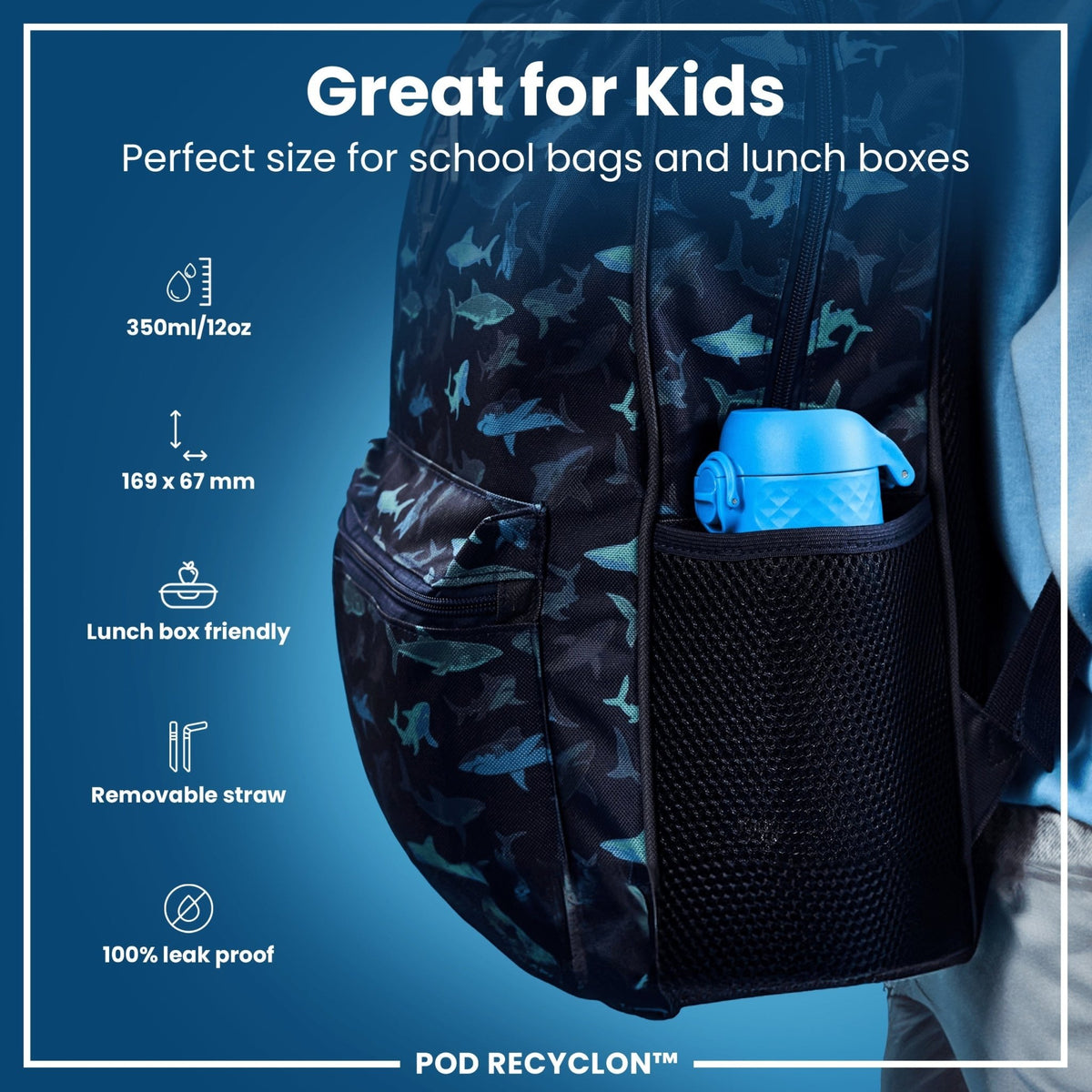 Ion8 Recyclon water bottle with straw, 350ml blue leak-proof reusable bottle for hydration and eco-friendly use.