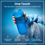 Blue Recyclon water bottle by ION8 with straw, 350ml capacity, leak-proof design, compact and eco-friendly for on-the-go hydration.