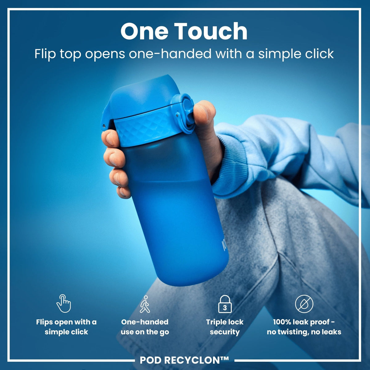 Blue Recyclon water bottle by ION8 with straw, 350ml capacity, leak-proof design, compact and eco-friendly for on-the-go hydration.