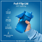ION8 Recyclon blue 350ml leak-proof water bottle with straw, made from recyclable materials.