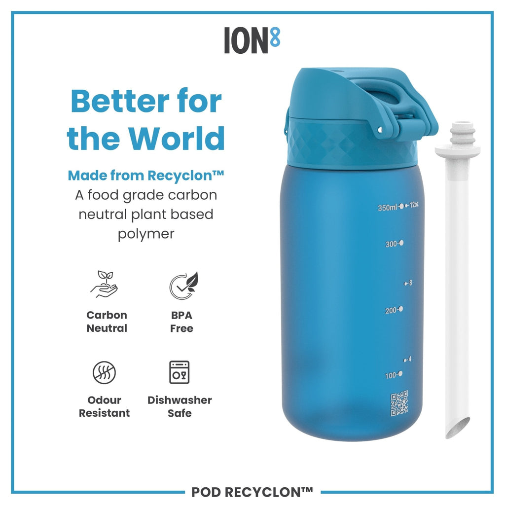 Ion8 Recyclon Blue 350ml water bottle with straw, leak-proof design, compact reusable hydration bottle
