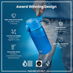 ION8 Recyclon Blue 350ml leak-proof water bottle with straw, made from recycled materials, designed for hydration on the go.