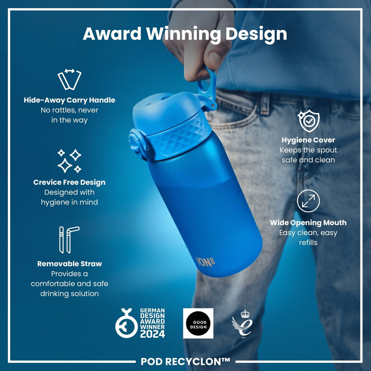 ION8 Recyclon Blue 350ml leak-proof water bottle with straw, made from recycled materials, designed for hydration on the go.