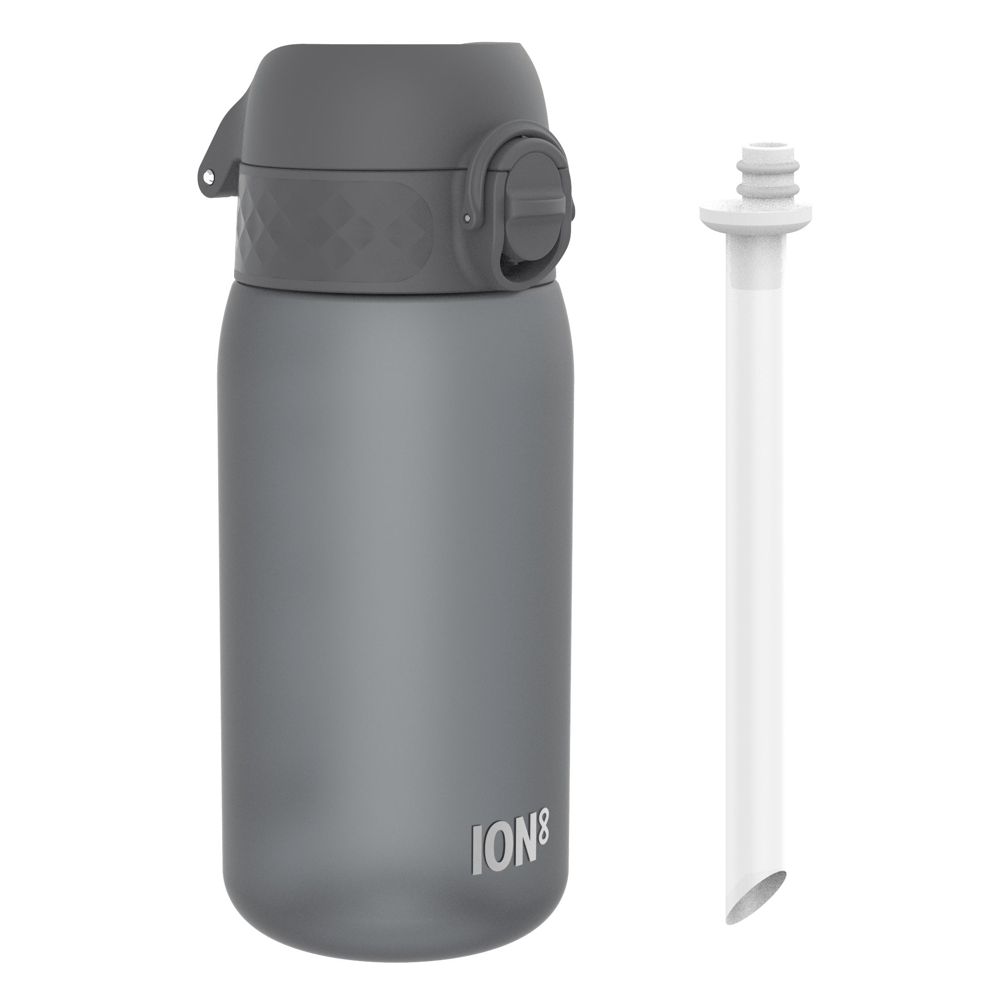 Ion8 leak-proof small water bottle with straw, grey Recyclon water bottle, 350ml (12oz), showing the bottle and straw in detail.