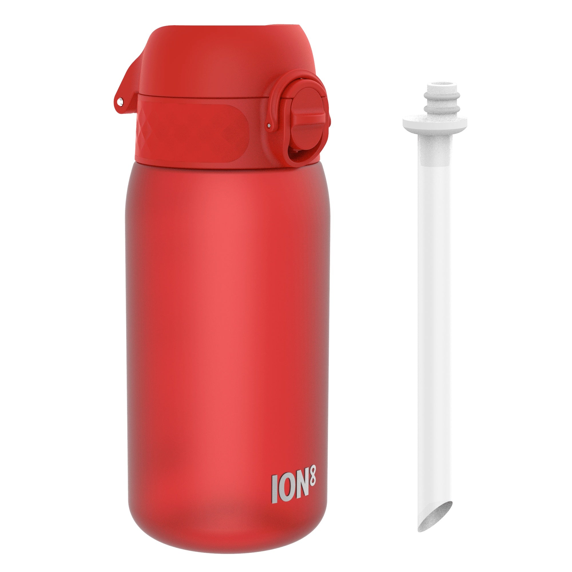 Red ION8 Recyclon leak-proof small water bottle with straw, 350ml (12oz), featuring a clear design and secure lid.