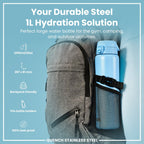 Ion8 stainless steel water bottle in Alaskan Blue, 1L, leak-proof design with a durable, sleek appearance.