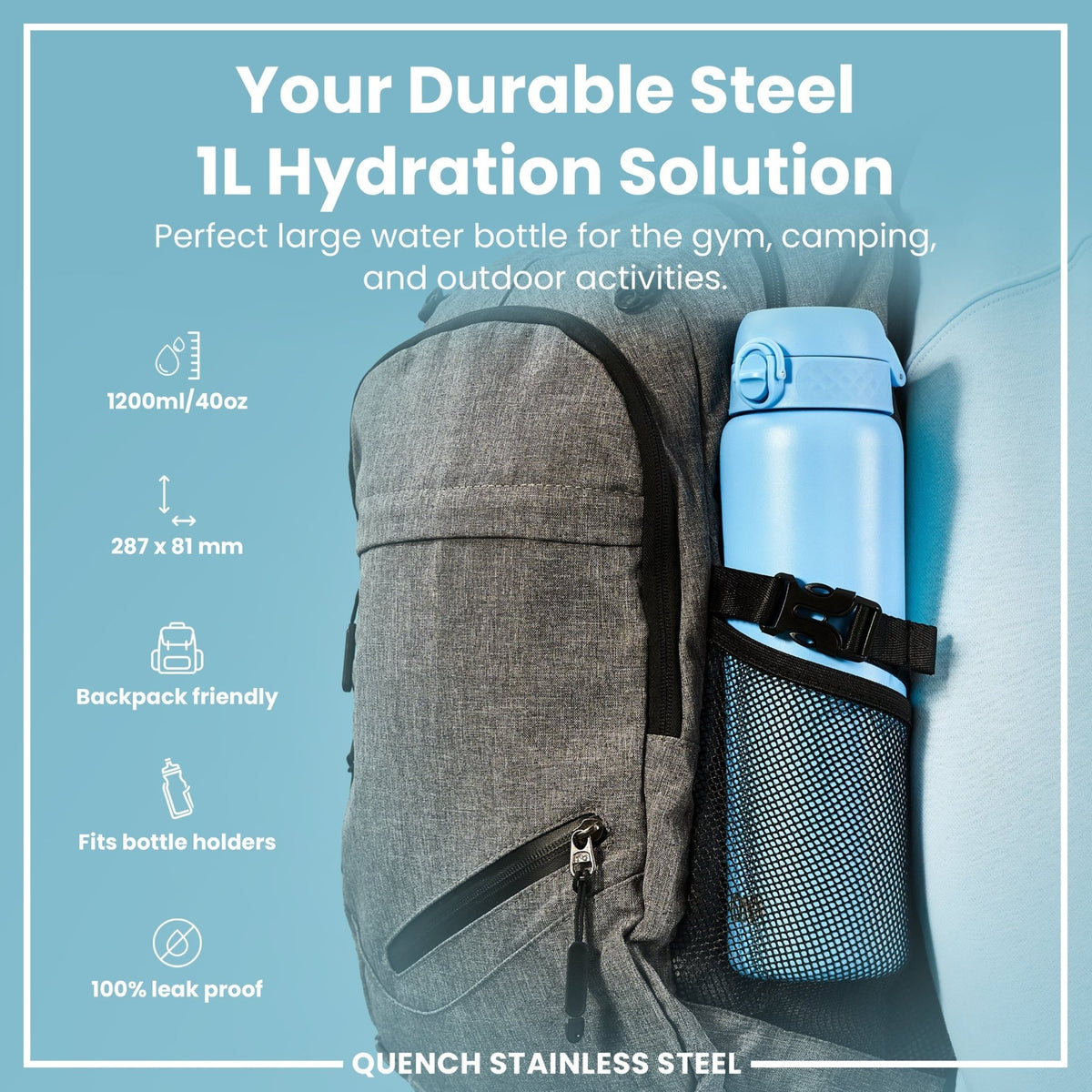 Ion8 stainless steel water bottle in Alaskan Blue, 1L, leak-proof design with a durable, sleek appearance.