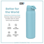 ION8 stainless steel water bottle in Alaskan Blue, 1L, leak-proof design, durable and sleek for everyday hydration.