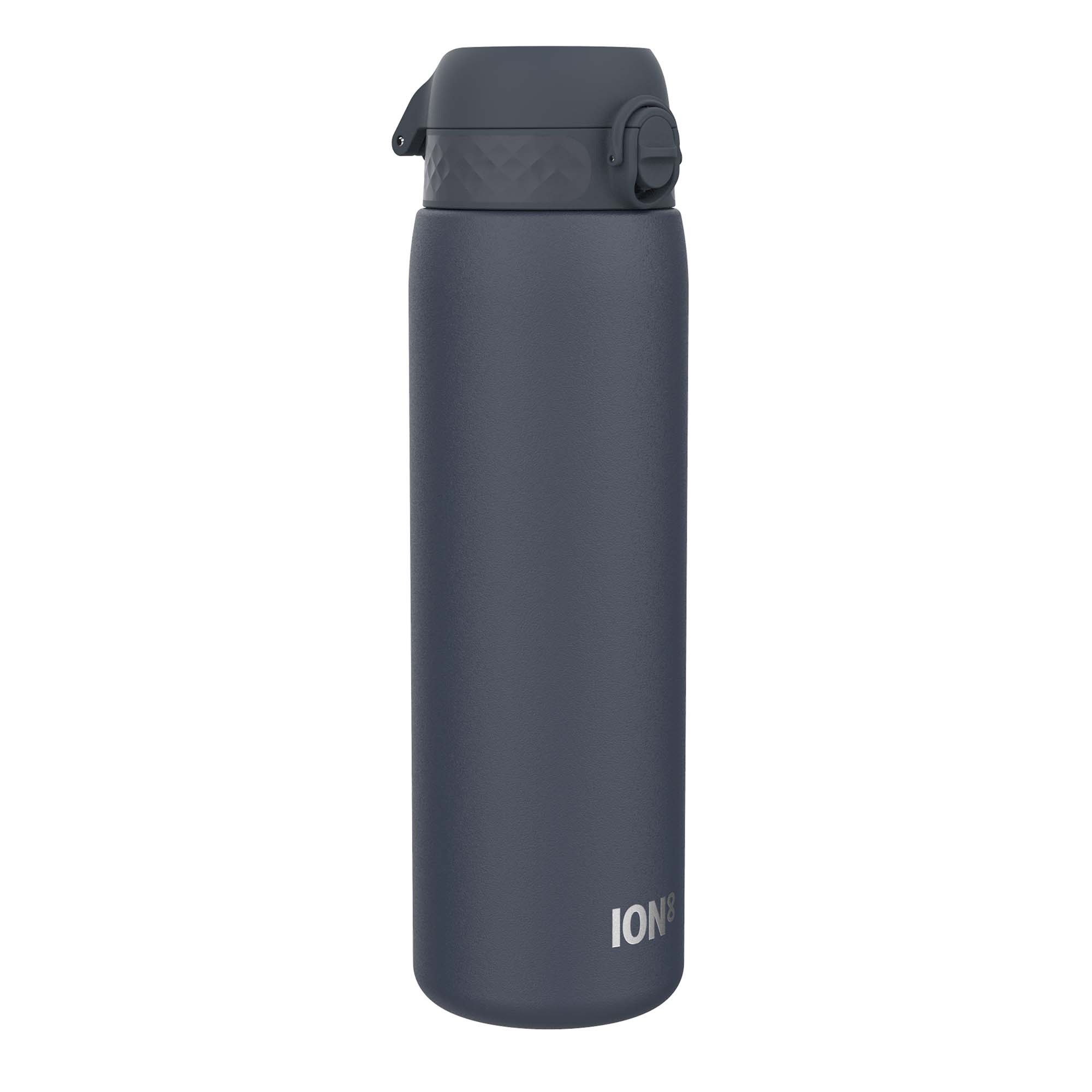 ION8 stainless steel 1L water bottle in ash navy color, leak-proof design with a sleek, durable build.
