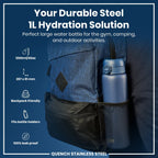 Ion8 stainless steel water bottle in navy, 1L capacity, leak-proof design, durable and stylish for on-the-go hydration.