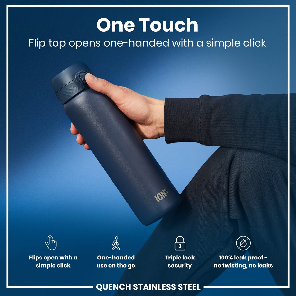Ion8 stainless steel water bottle in navy ash color, 1L leak-proof design for durable hydration on the go.