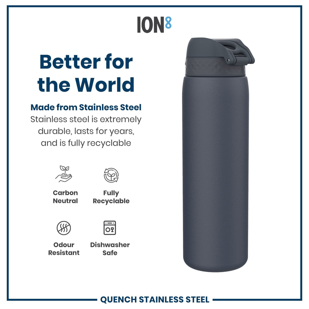 ION8 stainless steel water bottle in navy with 1L capacity, leak-proof design, durable ash-colored finish, ideal for hydration on the go
