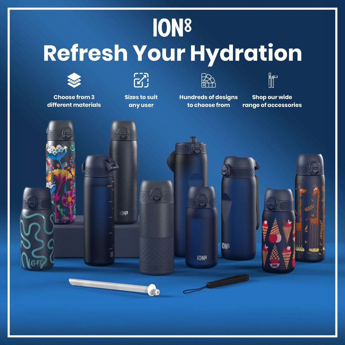 ION8 stainless steel water bottle in ash navy, 1L capacity, leak-proof design, durable steel construction for hydration on the go
