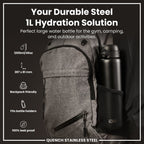 ION8 stainless steel water bottle in black, 1L capacity, leak-proof design, durable and sleek for daily hydration.