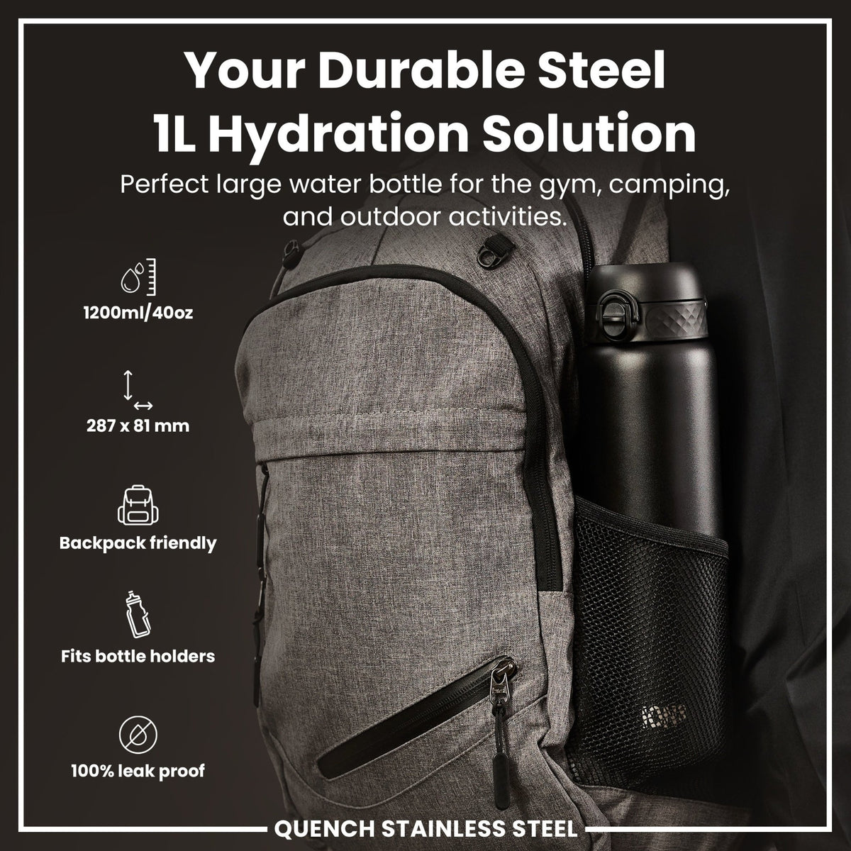 ION8 stainless steel water bottle in black, 1L capacity, leak-proof design, durable and sleek for daily hydration.
