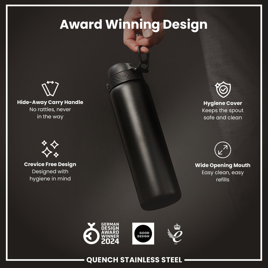 Black 1L stainless steel water bottle by ION8, leak-proof design, durable and sleek for everyday hydration.