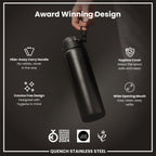Black 1L stainless steel water bottle by ION8, leak-proof design, durable and sleek for everyday hydration.