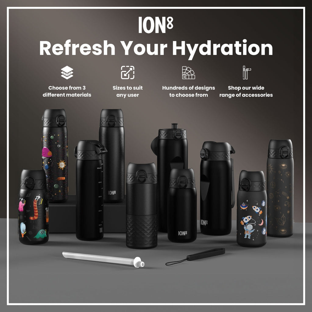 Black 1L stainless steel water bottle by ION8, leak-proof and durable for everyday hydration.
