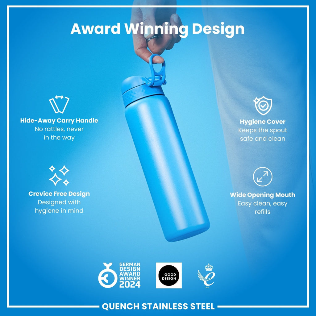 Blue 1L stainless steel water bottle by ION8, leak-proof design, durable steel construction for hydration on the go.