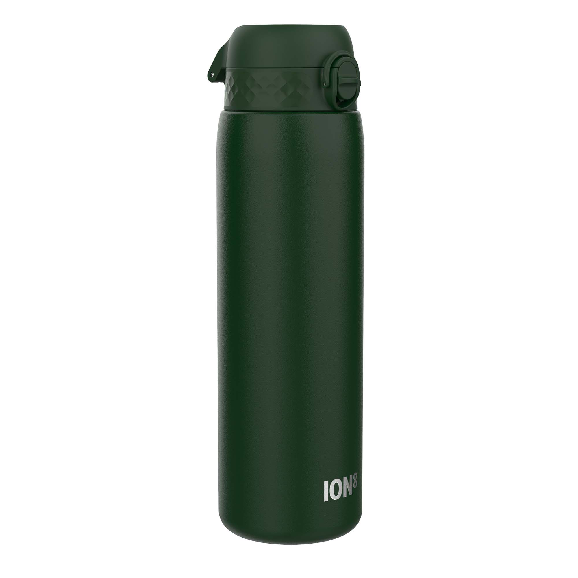 Dark green stainless steel ION8 1-liter leak-proof water bottle, durable and eco-friendly for everyday hydration.