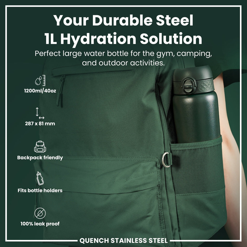 Dark green 1L stainless steel water bottle by ION8, leak-proof design, durable and eco-friendly for daily hydration.