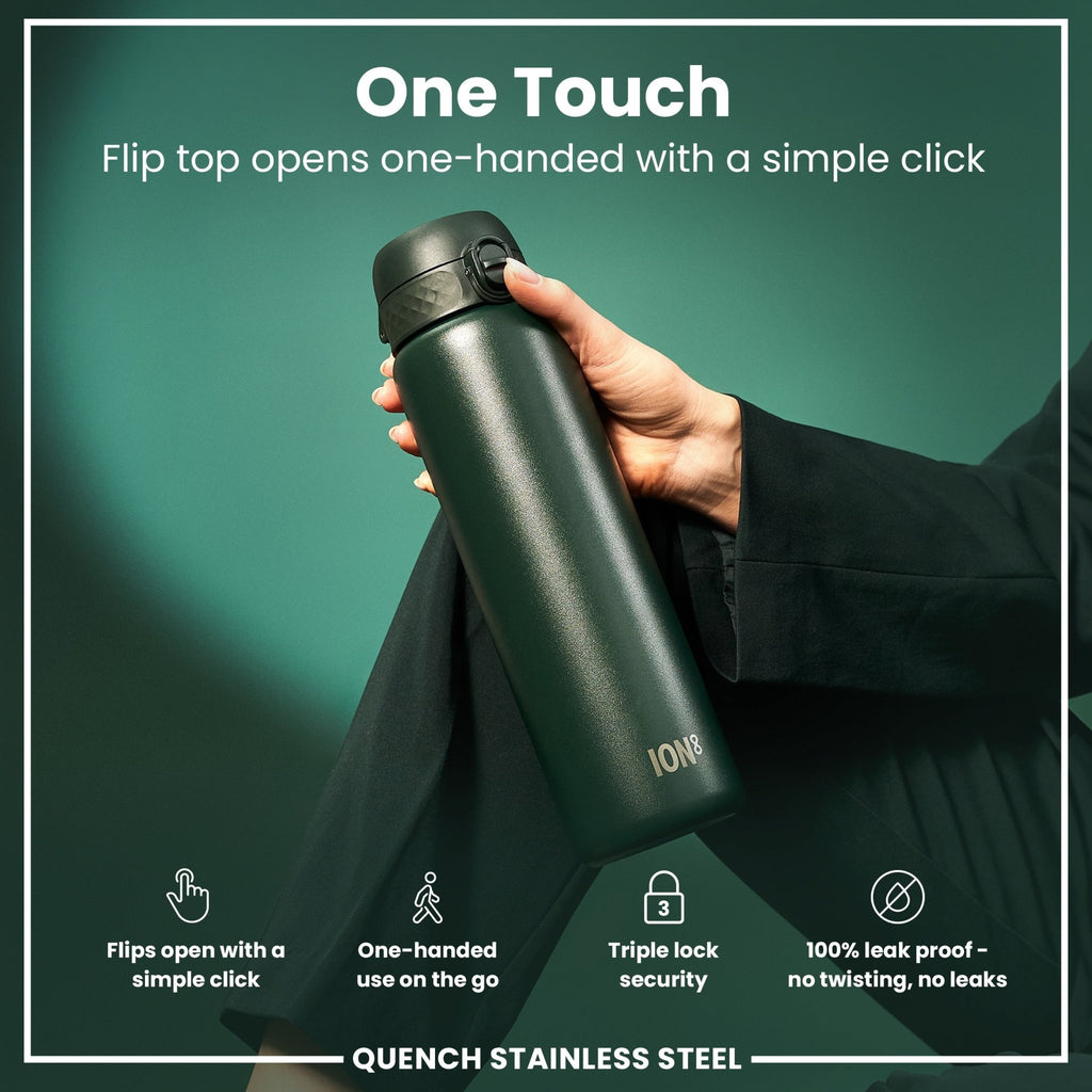 Dark green ION8 stainless steel water bottle, 1L capacity, leak-proof design, durable and reusable for hydration on the go.