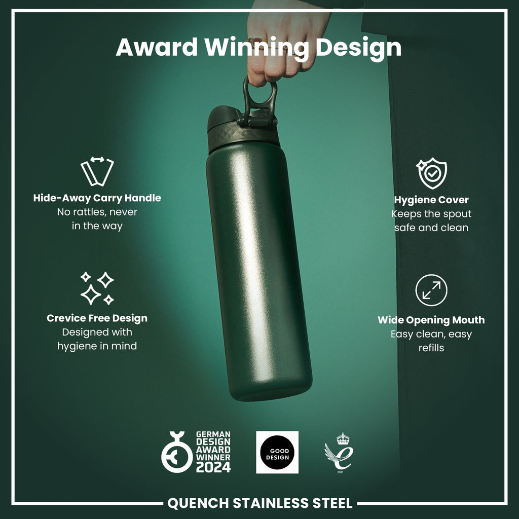 Dark green stainless steel ION8 1L water bottle with leak-proof design and sleek finish, ideal for hydration on the go.