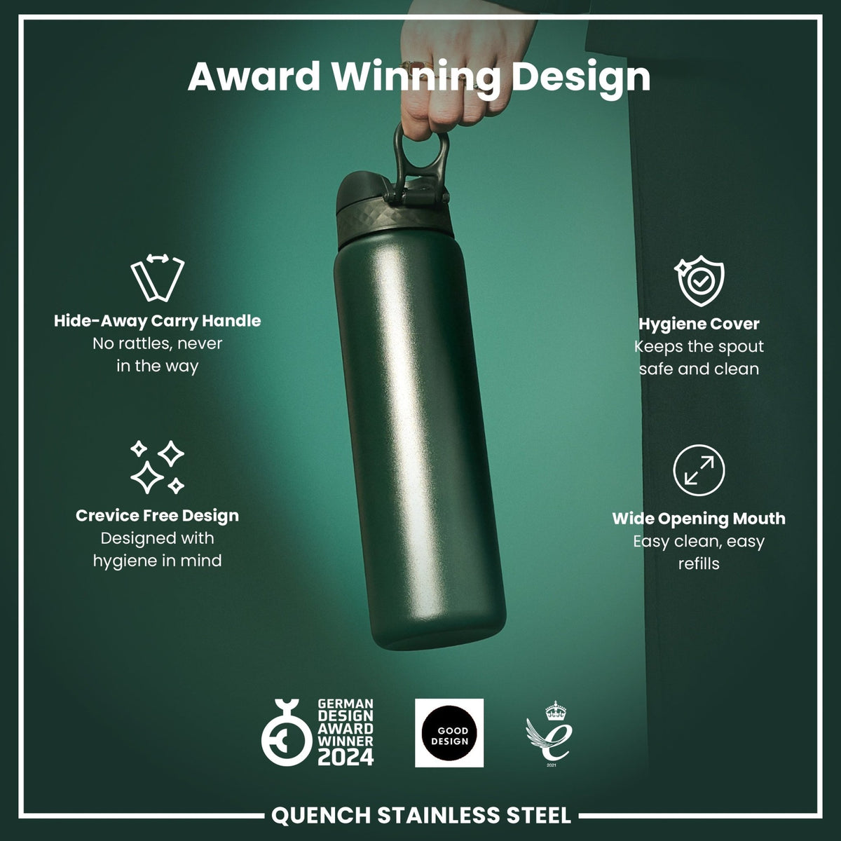 Dark green stainless steel ION8 1L water bottle with leak-proof design and sleek finish, ideal for hydration on the go.