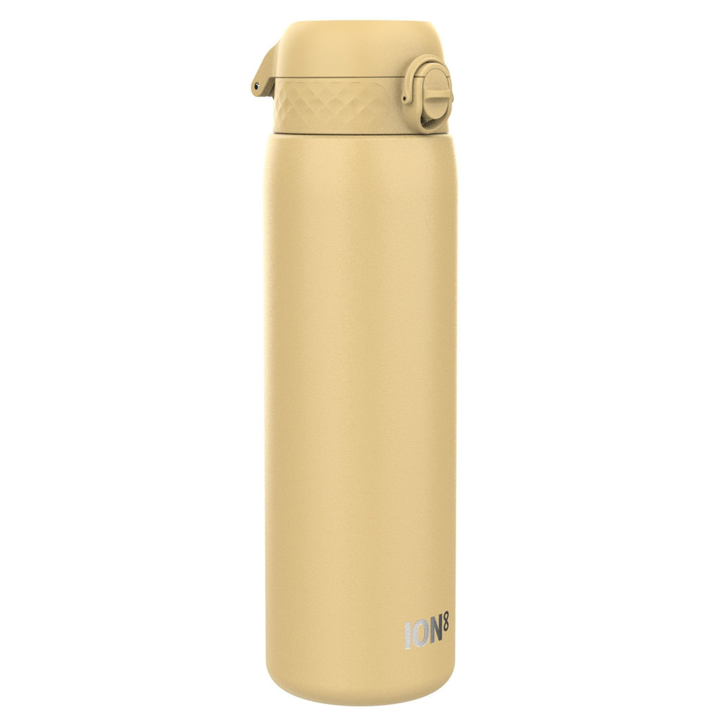 ION8 stainless steel water bottle in desert color, 1L capacity, leak-proof design, durable metal water bottle for hydration.