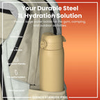 ION8 stainless steel water bottle in desert color, 1L capacity, leak-proof design, durable steel water bottle for on-the-go hydration