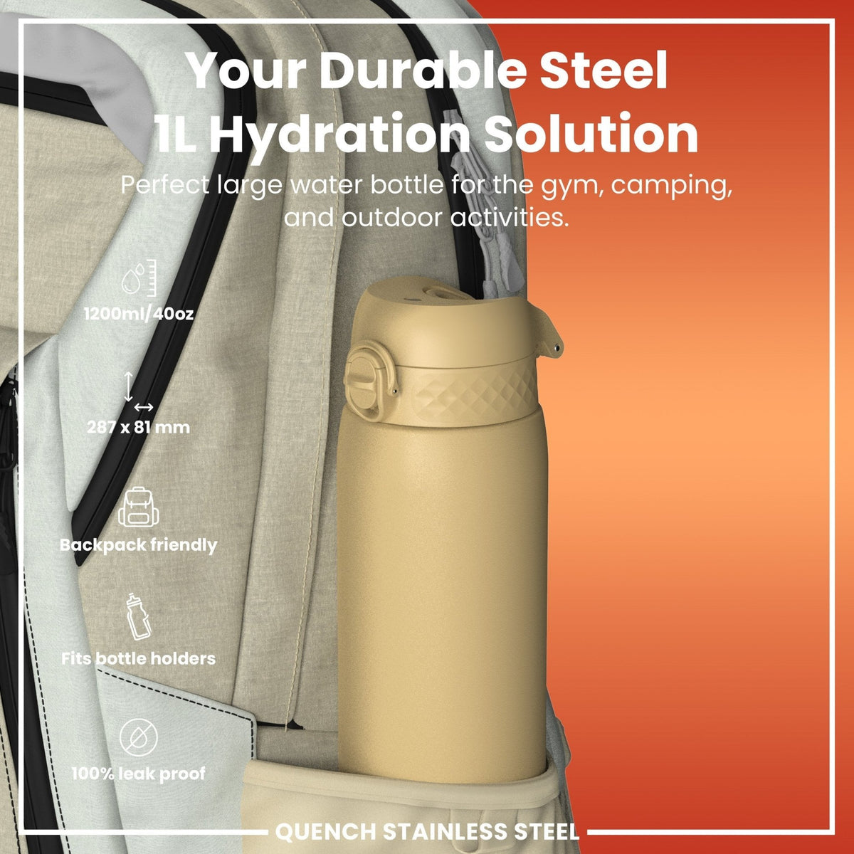 ION8 stainless steel water bottle in desert color, 1L capacity, leak-proof design, durable steel water bottle for on-the-go hydration