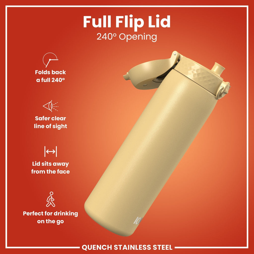 Ion8 stainless steel water bottle in desert color, 1L capacity, leak-proof design, durable and ideal for staying hydrated on the go.