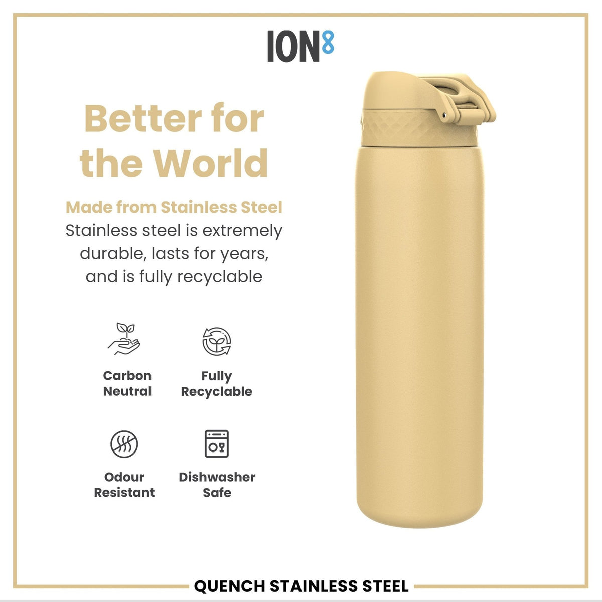 Ion8 stainless steel water bottle in desert color, 1L capacity, leak-proof design, durable steel water bottle for hydration.