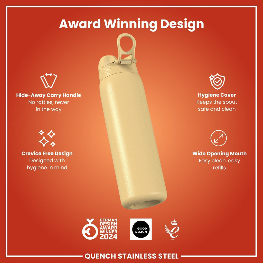Ion8 stainless steel water bottle, 1L desert color, leak-proof design, durable steel water bottle for hydration on the go.