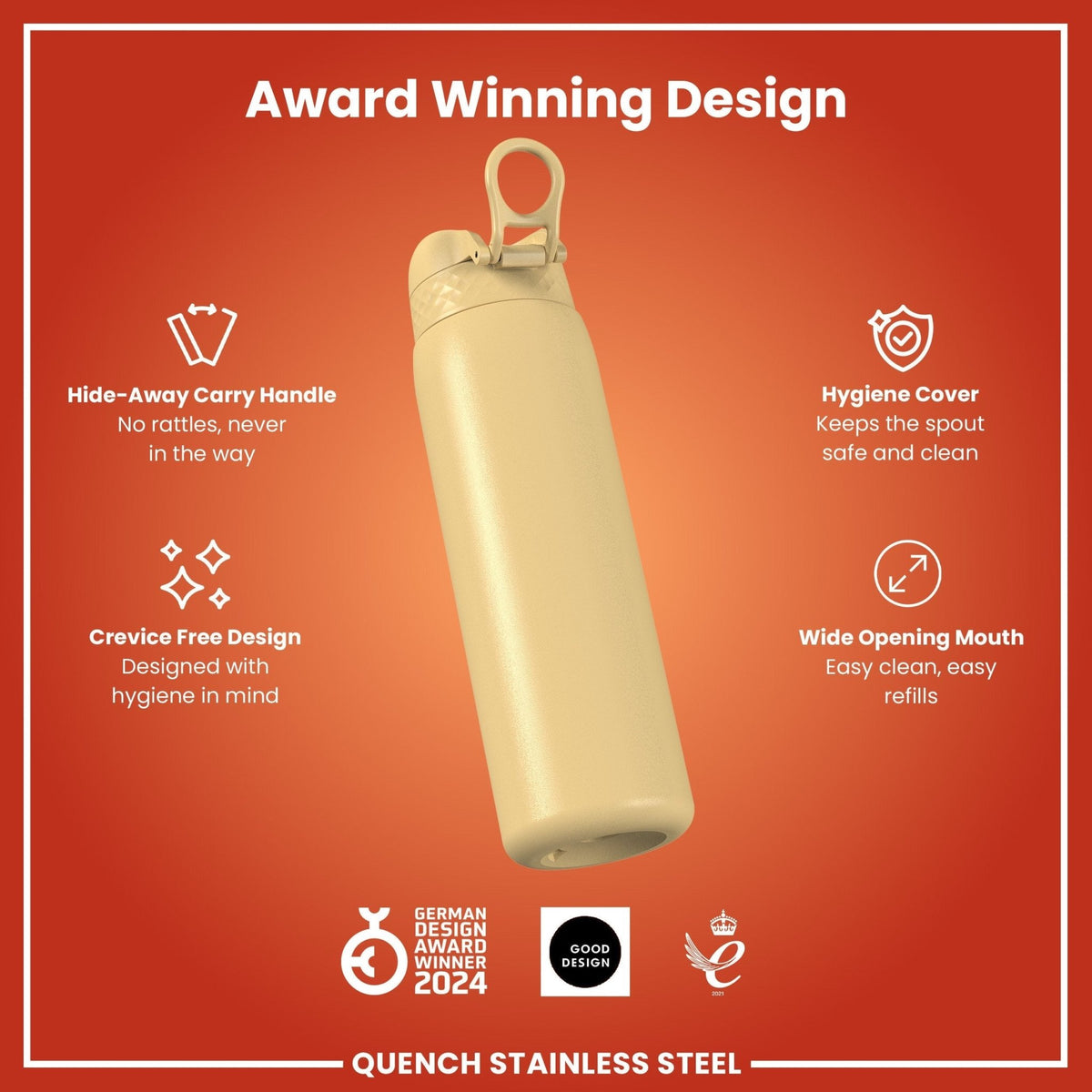 Ion8 stainless steel water bottle, 1L desert color, leak-proof design, durable steel water bottle for hydration on the go.
