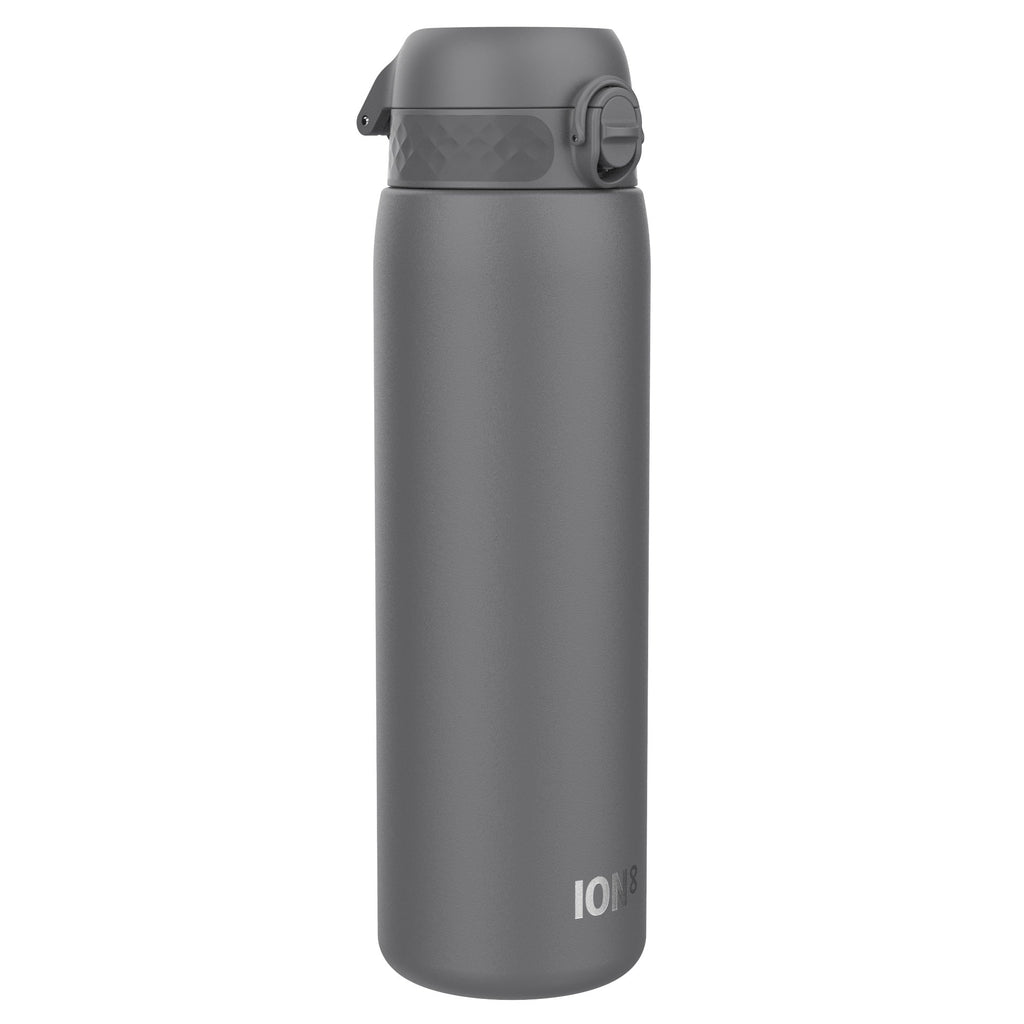 Grey ION8 stainless steel water bottle, 1L capacity, leak-proof design, durable and sleek for everyday hydration.
